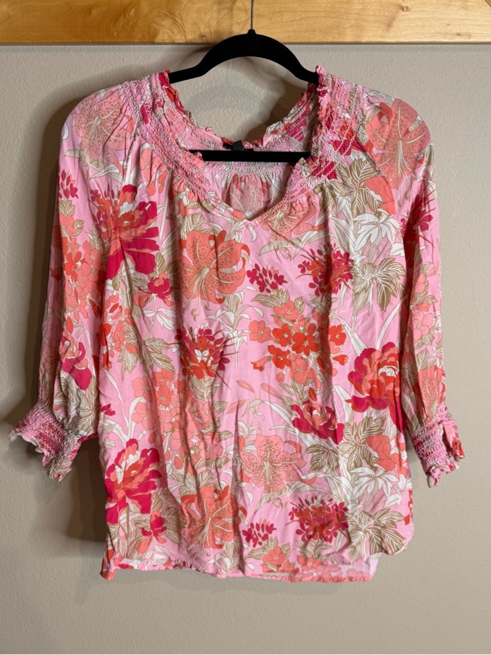 Talbots Women’s Pink Floral Peasant Blouse - Casual 3/4 Sleeve